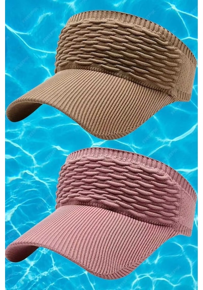 Uniquetrenders Kadın Örgü Dokulu Uv Korumalı Yazlık Vizör Şapka 2'li Set Camel - Pudra