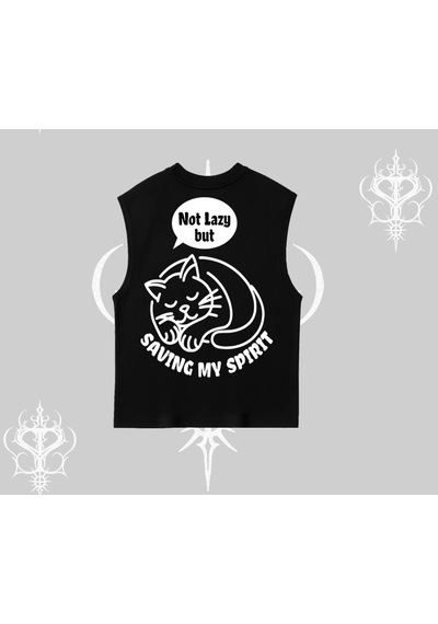 Tarzsokak Not Lazy Saving My Spirit Kedi Baskılı Kolsuz Tshirt Siyah