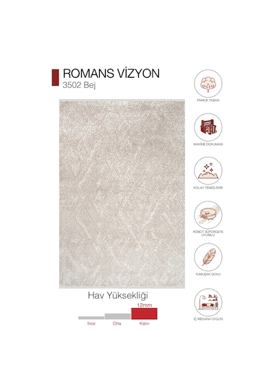Romans Vizyon 3502 Bej Halı - Akrilik Pamuk Taban Bej Mutfak Halısı