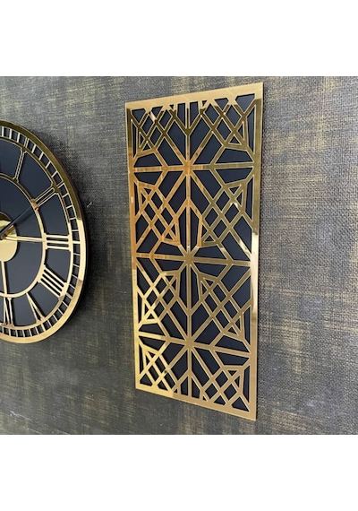 Altın Renk Aynalı Pleksi Modern Tasarım Yuvarlak Duvar Saati Tablo 3 Lü Set Sessiz Mekanizma Saat 40x40cm Tablo 50x25 Cm Gold Siyah