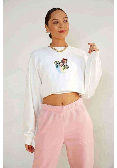 Powerpuff Girls Gang 2 Baskılı Crop Kadın Beyaz Sweatshirt