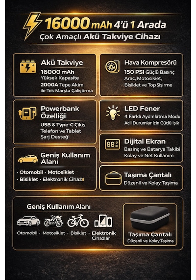Merwish 16000mah 4'ü 1 Arada Akü Takviye Cihazı 2000a Hava Kompresörü Powerbank Led Fener Dijital Ekran Çantalı