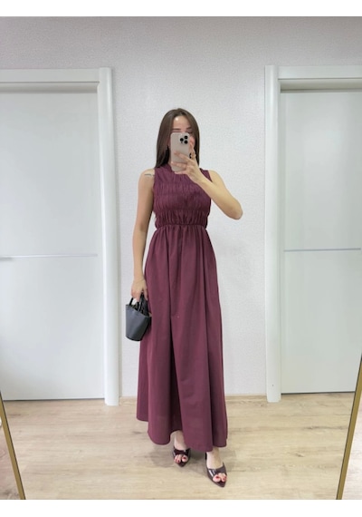 Dogutrend Kolsuz Göğüs Lastıklı Uzun Elbise - Bordo