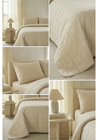 Ocean Home Textile %100 Pamuk Kumaş Kapitoneli Bej Çok Amaçlı Çift Kişilik Yatak Örtüsü Seti 1 Adet 250 X 230 / 2 Adet 50 X 70 Cm