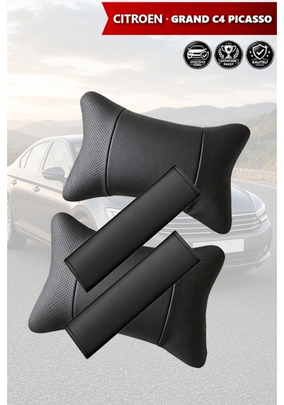 Citroen Grand C4 Picasso Uyumlu Set Lüks Siyah Deri Kemer Koruyucu Deri Yastık