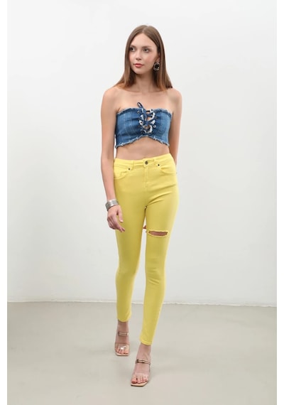 Blue White Kadın Yırtık Detaylı Jean Pantolon Sarı 001 Sarı 30