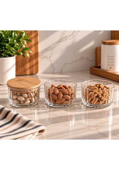 Bambu Kapaklı 3 Katlı Cam Saklama Kabı Seti 3x260 Ml