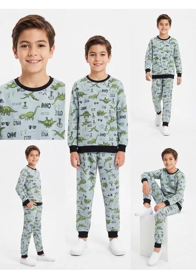 Veraura Lifestyle 4/10 Yaş Dino Baskılı Pamuk Penye Çocuk Pijama Takımı Gri