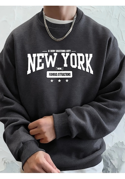 Startmore Tarzsokak New York Bustling City Baskılı Erkek Sweatshirtleri Kışlık Oversize Kapüşonlu Spor Bisiklet Y Antrasit