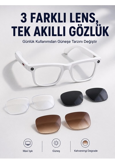 Mey İthalat Yapay Zeka Destekli Akıllı Gözlük Dahili Kameralı Bluetooth Müzik Ve Arama Özellikli Ses Kontrollü Değiştirilebilir Lensli