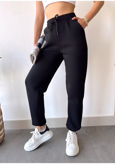 Gugus Trend Kadın Kışlık Kalın İçi Polarlı Yüksek Bel Paçası Lastikli Basic Jogger Eşofman Altı Siyah