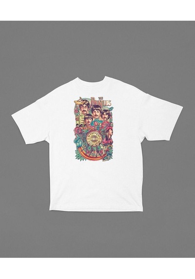 Lonely Hearts The Beatles Baskılı Unisex Oversize Tişört Beyaz