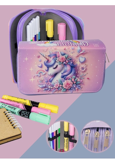 Kalem Kutusu Unicorn World Lila Orginazer Üç Bölmeli Vegan Deri Kalemlik