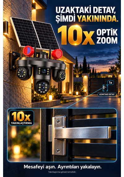 4 Kameralı 3 Motorize Ptz Kamera Wifi Çift Solar Panelli 10x Optik Zoom Uyarı Işıklı Güvenlik Kamerası