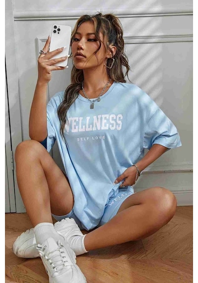 Merry See Wellness Baskılı Soft Kısa Kollu Şortlu Alt Üst Takımı Mavi 001