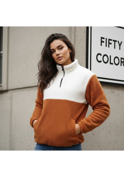 Kadın Yarım Fermuarlı Peluş Sweatshirt Rahat Ve Sıcak Kışlık Üst Kazak Tarçın