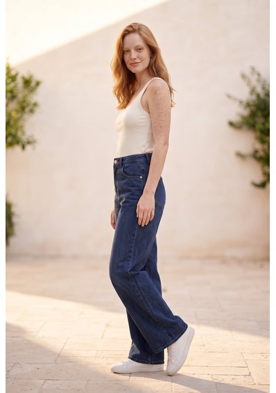Soulshae Yüksek Bel Geniş Paça Denim Pantolon Lacivert