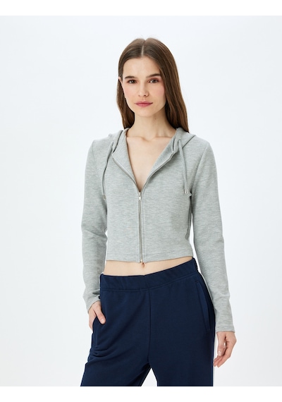 Koton Kapüşonlu Fermuarlı Crop Sweatshirt Gri Melanj 5wak10079ek Gri Melanj