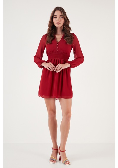 Lela V Yaka Regular Fit Gipeli Düğme Detaylı Şifon Mini Bayan Elbise 611El01433 Kırmızı