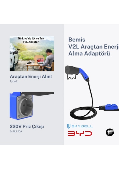 Bemis V2l Vehicle To Load Elektrikli Araç Uyumlu 2 Li Priz Uzatma Adaptörü 3 Metre Byd / Skywell 3.5 KW