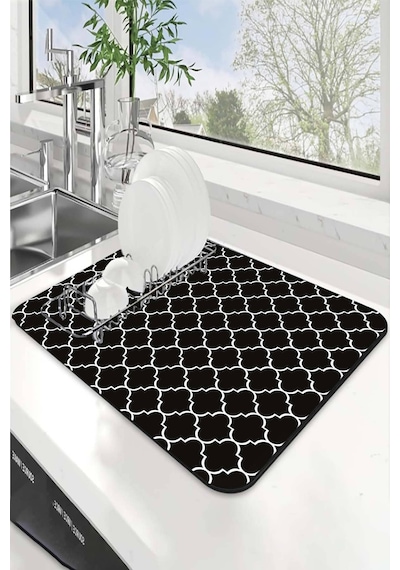 Siyah Fas Desen Microfiber Bulaşık Kurutma Matı Mm002