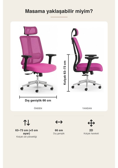 Upstyle Poyraz Başlıklı Fileli Ergonomik Çalışma Koltuğu Pembe Krom Koltuk 66 125 65 Cm