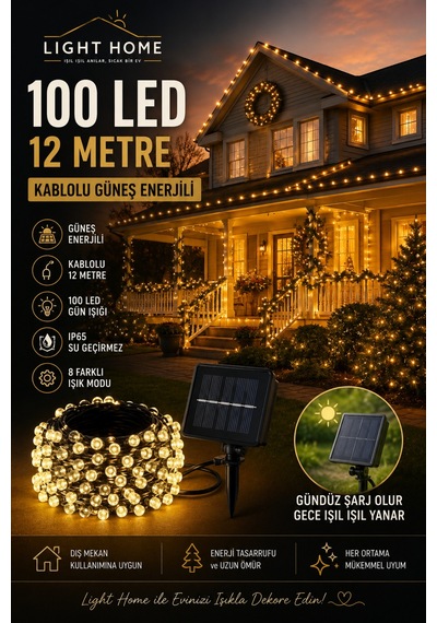 100 Led 12 Metre Güneş Enerjili Solar Led Aydınlatma Ip65 Bahçe Balkon Teras Dekoratif Işık 8 Mod Diğer