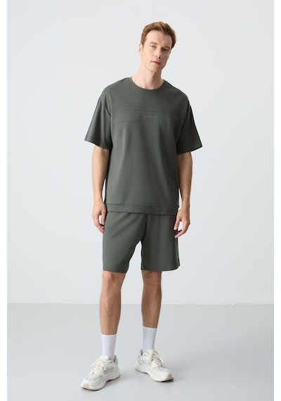Haki Pamuklu Kalın Yumuşak Dokulu Oversize Fit Basic Erkek Şort Takım - 85257