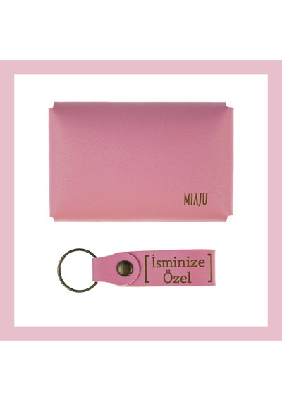 Miaju Pembe Renk, Adınıza Özel Cüzdan Ve Anahtarlık Set, Hediyelik Şık Deri Cüzdan & Anahtarlık Takım Pembe