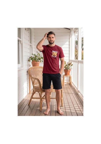 Tampap Erkek Penye Pamuklu Şortlu Pijama Takımı Bordo