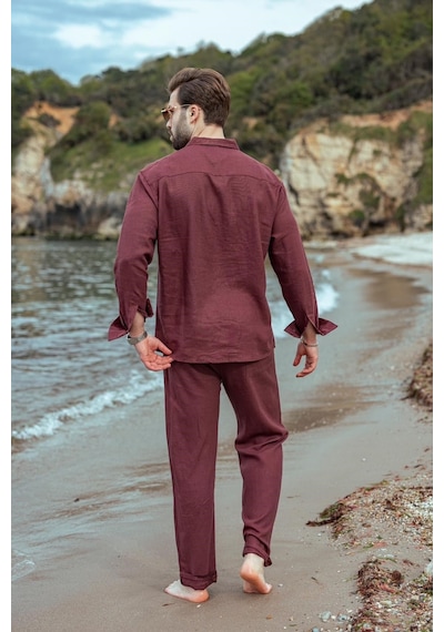 Madmext Bordo Rahat Kesim Keten Erkek Gömlek Pantolon Takım E7362