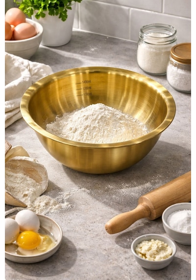 Qerhome Paslanmaz Çelik Gold Ölçülü Hamur Yoğurma & Karıştırma Kabı 3000 Ml Gold