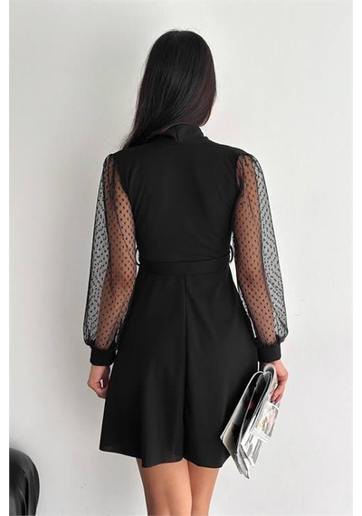 Dip Moda Kadın Siyah Bağlama Detaylı Tül Detaylı Kloş Elbise Dpkklf33 Siyah