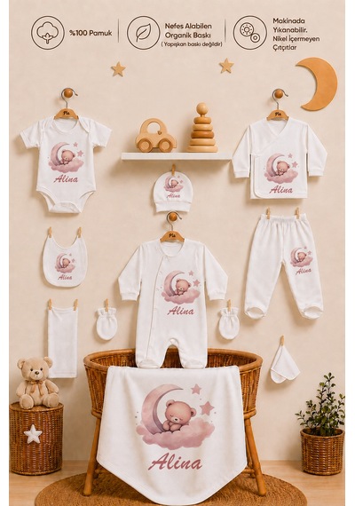 Pia Baby 10 Parça İsme Özel Kız Bebek Hastane Çıkışı %100 Pamuk Organik Baskılı 1008100x Ekru