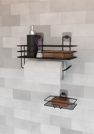 Güçlü Yapışkanlı Banyo Rafı Kağıt Havlu Tutacağı Ve Metal Sabunluk Set Düzenleyici Siyah
