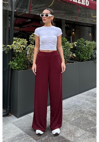 Madmext Bordo Yüksek Bel Rahat Kesim Geniş Paça Kadın Eşofman Mg2309 Bordo