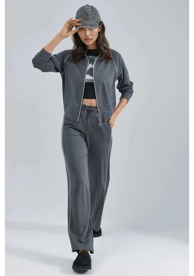 Fiolin Modal Dokulu Fermuarlı Sweatshirt & Pantolon İkili Takım Füme