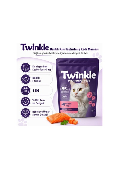 Twinkle Kısırlaştırılmış Kedi Maması 1 Kg - Balıklı Sterilised Kedi Maması -%85 Hayvansal Protein - Tam Ve Dengeli Beslenme - Böbrek Ve Üriner Sistem Desteği