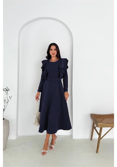 Neşeli Butik Kadın Kol Fırfırlı Kemerli Midi Boy Elbise Nbk4309 Lacivert