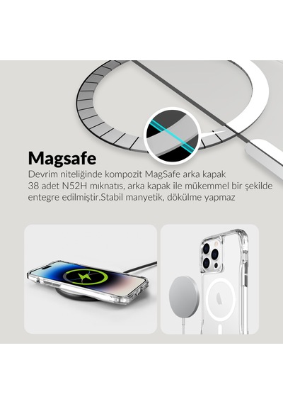 Bix iPhone Uyumlu 13 Pro / 14 Pro Octagon Hava Yastıklı Magsafe Kılıf Maksimum Korumalı Antrasit Kristal Şeffaf