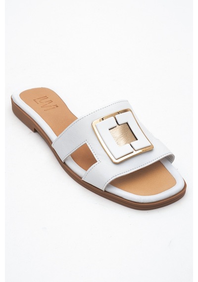Luvishoes Millie Beyaz Hakiki Deri Tokalı Kadın Terlik Beyaz