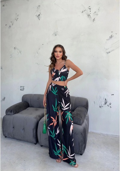 Hgfashion Yaprak Desen İkili Takım Siyah