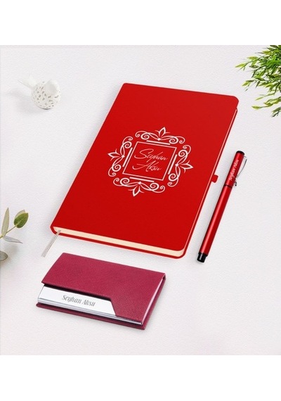 Kişiye Özel Isimli Kırmızı Defter Kalem Kartvizitlik Hediye Seti- (505048509)