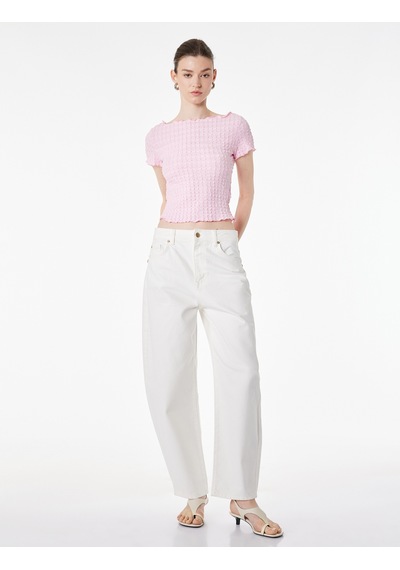 Koton Bürümcük Kumaş Slim Fit Kısa Kollu Omzu Açık Kayık Yaka Bluz Pembe 6sak10364ek Gül