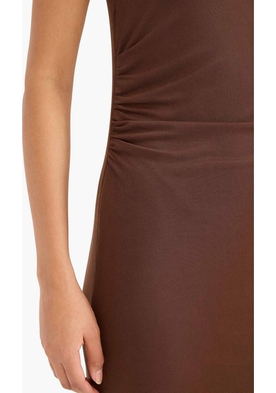 Defacto Bodycon Vücudu Saran Yuvarlak Yaka Tül Kolsuz Midi Elbise D8036ax25aubn320 Kahve