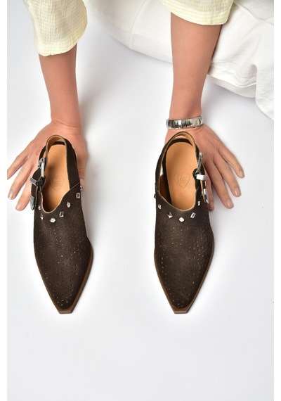 Fox Shoes Y654329102 Kahverengi Hakiki Deri Süet Zımba Detaylı Western Topuklu Ayakkabı