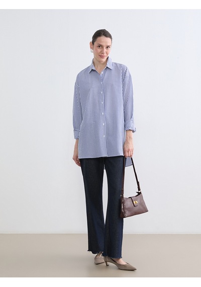 Lc Waikiki Lc Waıkıkı Mavi Çizgili Oversize Poplin Kadın Gömlek Tunik