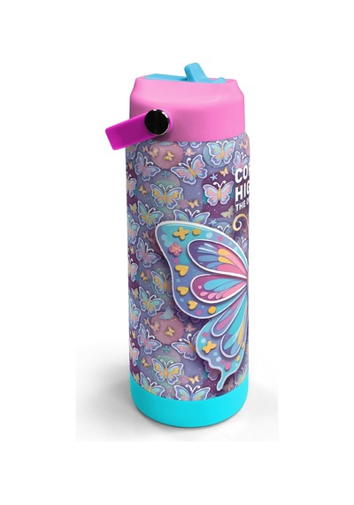 Coral High Pastel Renkli Kelebek Desenli Katlanır Ağızlıklı Çelik Termos 650 Ml 38306 Pastel