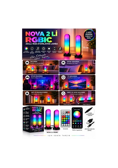 Nova 2 Li Rgbıc Masaüstü Led Lamba Telefon Ve Kumanda Kontrollü, Yatay Ve Dikey Kullanım Rgb-ıc