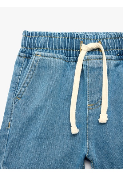 Koton Pamuklu Cepli Beli Bağcıklı Denim Şort Orta İndigo 6smb40020td